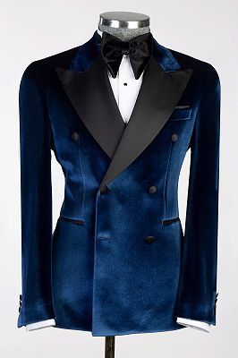 Pai-li Navy Blue Velvet Black Satin Peaked Lapel Wedding Suits