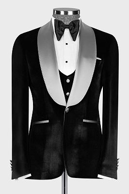 Cha Silver Sash Shawl Lapel Black Velvet 3 Piece Prom Suit Wedding Tuxedo_2