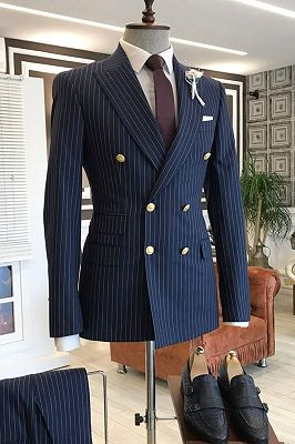 Irwin Navy Blue Pinstripe Peaked Lapel Double Breasted Business Suit