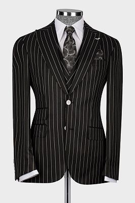 Che Big and Tall 3 Piece Pinstripe Black Business Suit with Waistcoat_3