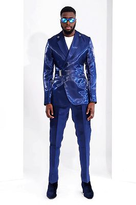 Leisly Shiny Blue Buckle Belt Men's Prom Suit for Fashion