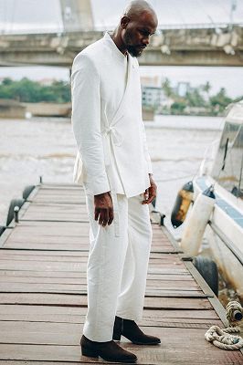 Ziv White Peaked Lapel Prom Suits With Sash_2