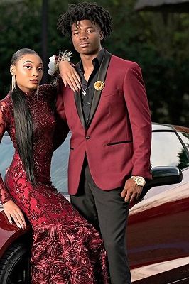 Witt Burgundy One Button Prom Suits With Black Shawl Lapel