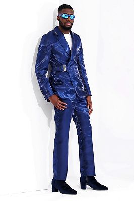 Leisly Shiny Blue Buckle Belt Men's Prom Suit for Fashion_2