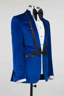 Pai Royal Blue Velvet Knitted Button Black Chains Prom Suit_3