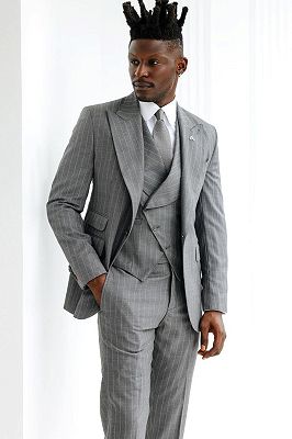 Abner Gray Striped Peaked Lapel Three Pieces Prom Suits_2