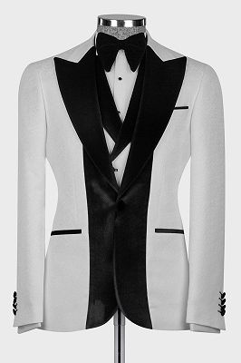 Cheng 3 Piece White Jacquard Wedding Suit with Black Velvet for Groom_1