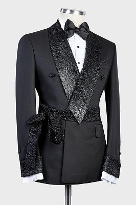 Pa Sparkling Shawl Lapel Double Breasted Black Wedding Suit with Belt_2