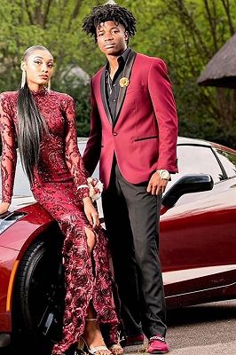 Witt Burgundy One Button Prom Suits With Black Shawl Lapel_3