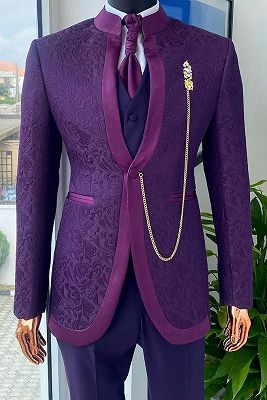 Evans Stand Collar Purple 3 Piece Jacquard Prom Outfits for Formal_1