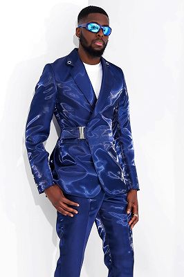 Leisly Shiny Blue Buckle Belt Men's Prom Suit for Fashion_3