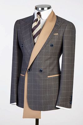 Poo Dark Gray Plaid Business Suit Double Breasted Satin Lapel_2