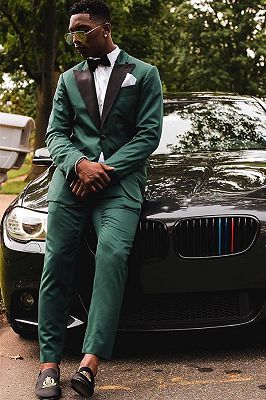 Wythe Dark Green One Button Prom Suits For Men With Black Peaked Lapel_1