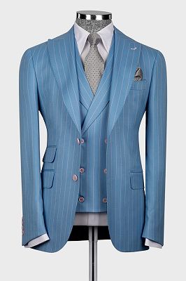 Cheng Gentlemen Blue 3 Piece Pinstripe Business Suit with Waistcoat