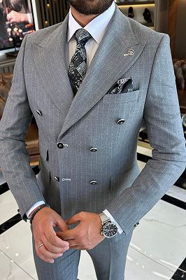 Amos Gray Striped Peaked Lapel Double Breasted Business Suits