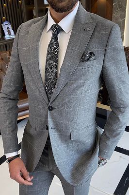 Algernon Gray Peaked Lapel Plaid Business Suits With Flaps