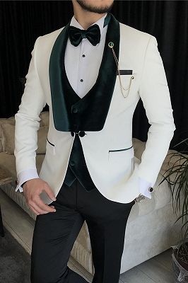 Addison White Three Pieces Wedding Suits With Dark Green Velvet Shawl Lapel_3