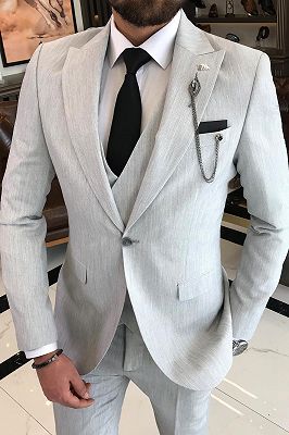 Aidann Light Gray Peaked Lapel Three Pieces Business Suits