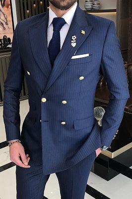 Adrian Navy Peaked Lapel Double Breasted Striped Business Suits_2