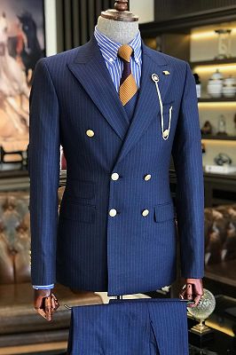 Adrian Navy Peaked Lapel Double Breasted Striped Business Suits