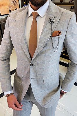 Alonzo Light Gray Peaked Lapel Business Suits With Blue Plaid