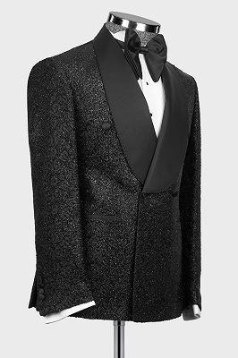 Wide Satin Shawl Lapel Sparkling Black Wedding Suit for Groom_2