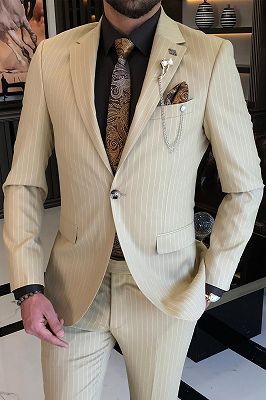 Adonis Light Khaki Notched Lapel One Button Striped Business Suits