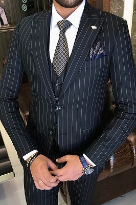 Andre Black Peaked Lapel Three Pieces Striped Business Suits