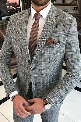 Amber Gray Plaid Notched Lapel Three Pieces Business Suits