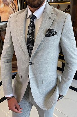 Allen Light Gray Peaked Lapel Plaid Business Suits For Men