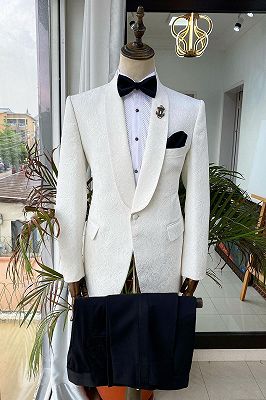 Popular White Jacquard Wedding Groom Suit with Black Pants_2