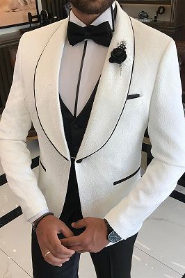 Americo White Jacquard Three Pieces Wedding Suits With Black Vest And Pants