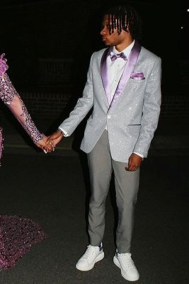 Asa Silver Sequins One Button Prom Suits With Purple Velvet Lapel