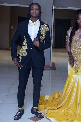 Arlen Black Notched Lapel One Button Prom Suits With Golden Appliques