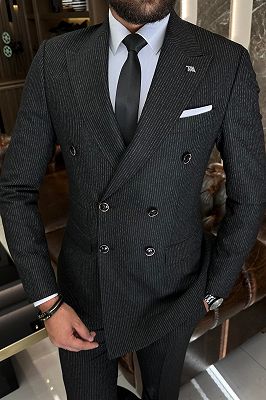 Andrew Black Striped Peaked Lapel Double Breasted Striped Business Suits