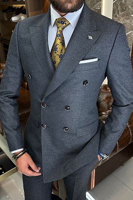 Andy Dark Gray Peaked Lapel Double Breasted Striped Business Suits