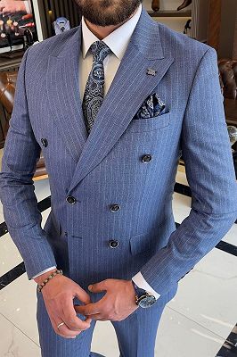 Alfred Blue Striped Peaked Lapel Double Breasted Business Suits_2