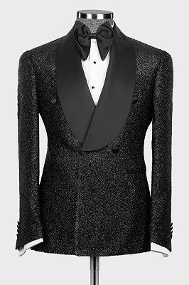 Wide Satin Shawl Lapel Sparkling Black Wedding Suit for Groom