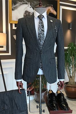 Adolph Dark Gray Peaked Lapel Striped Business Suits_1