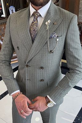 Alger Gray Peaked Lapel Double Breasted Striped Business Suits_2