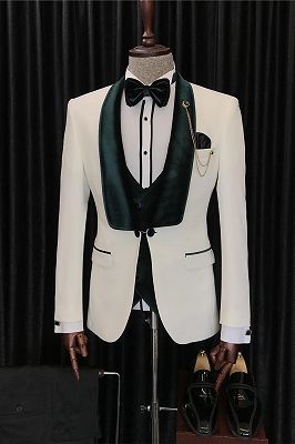 Addison White Three Pieces Wedding Suits With Dark Green Velvet Shawl Lapel_1