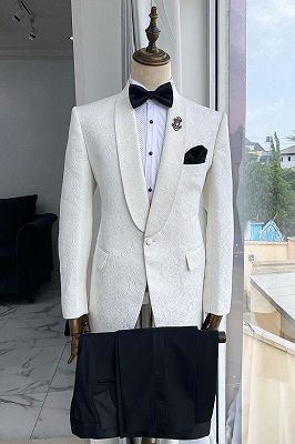 Popular White Jacquard Wedding Groom Suit with Black Pants_1