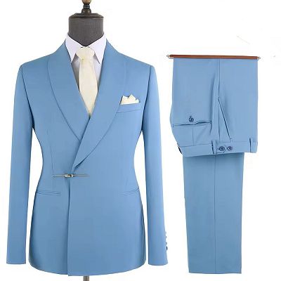 Popular Sky Blue Shawl Lapel Bolt Buckle Men's Business Suit