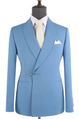 Popular Sky Blue Shawl Lapel Bolt Buckle Men's Business Suit_1