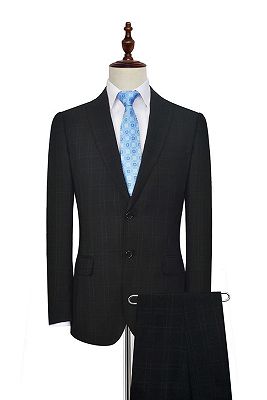 Classic Peak Lapel Plaid Two Button Black Mens Suits for Business_1