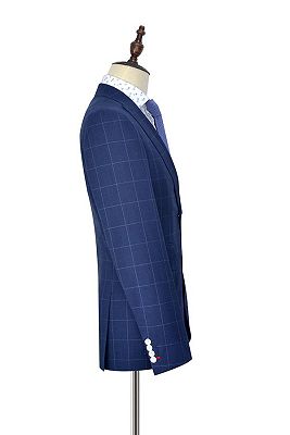 Three Flap Pocket Peak Lapel Mens Suits | Two Buttons Check Pattern Navy Suits for Men_4