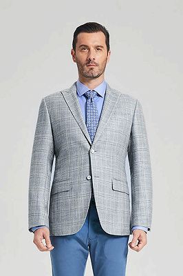 grey suit with blue pants