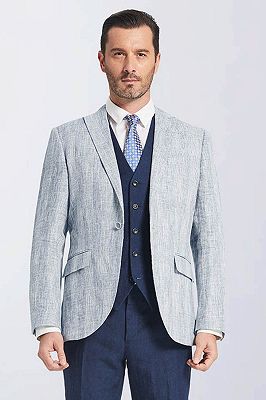 grey suit with blue pants