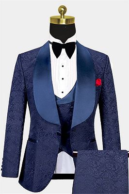 Navy Blue Three Pieces Tuxedo Online| Jacquard Bespoke Men Suits_1