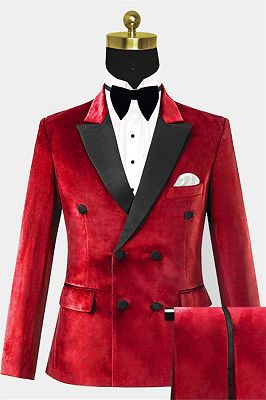 James Fashion Red Velvet Peaked Lapel Prom Men Suits